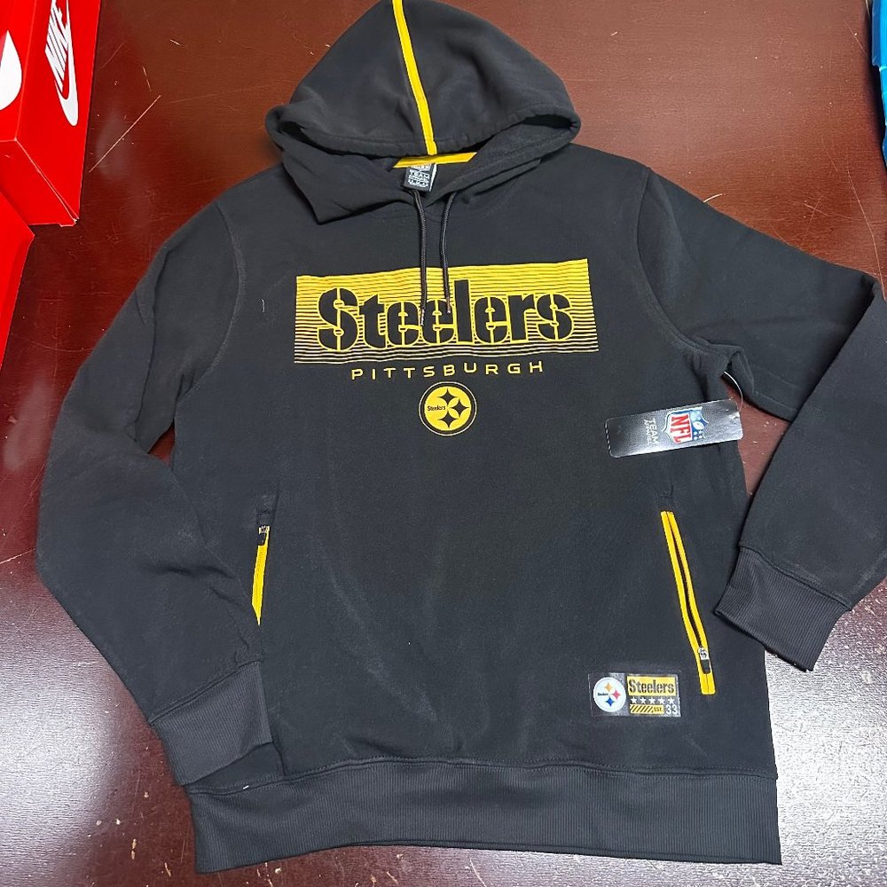 NFL Team Apparel Men Black Pittsburgh Steelers Short Sleeve Pullover Hoodie M